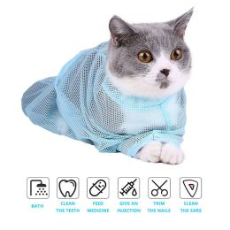 Breathable Mesh Cat Grooming Bath Bag Cats Wash Bags For Pet Kitten Bathing Nail Trimming Anti Scratch Bite Restraint Chat Gato - Blue