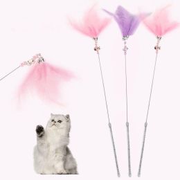 1Pc Cat Interactive Toy Stick Feather Wand with Small Bell Toys Plastic Artificial Colorful Cat Teaser Toy Supplies - pink