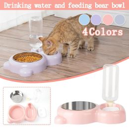 Pet Cat Bowl Stainless Steel Multifunctional Dog Cat Bowl With Water Bottle Drinking Water Feeding Bear Bowl gatos - Pink