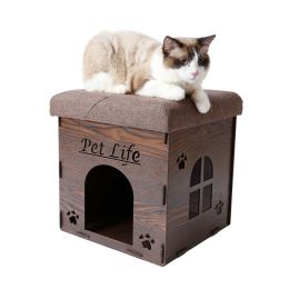 Pet Life Foldaway Collapsible Designer Cat House Furniture Bench - Dark Wood