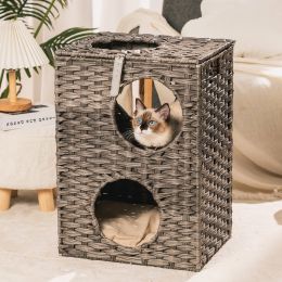 Rattan Cat Litter,Cat Bed with Rattan Ball and Cushion - Grey