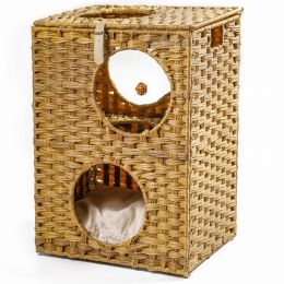 Rattan Cat Litter; Cat Bed with Rattan Ball and Cushion; Brown - Brown