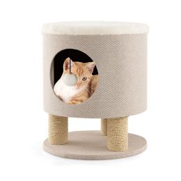 Cat Stool Bed with Scratching Posts and Plush Ball Toy - Beige - Pet entertainment