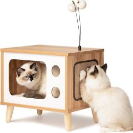 Mewoofun Cat House Wooden Condo Cat Bed Indoor TV-Shaped Sturdy Large Luxury - QF001