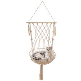 MewooFun Cat Hammock Macrame Hanging Swing Cat Bed Basket with Cotton Mat Indoor - WP093