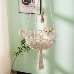 MewooFun Cat Hammock Macrame Hanging Swing Cat Bed Basket with Cotton Mat Indoor - WP094