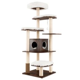 Wood Multi-Layer Platform Cat Tree with Scratch Resistant Rope - Brown