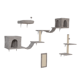 Wall-mounted Cat Tree, Cat Furniture with 2 Cat Condos House, 3 Cat Wall Shelves, 2 Ladder, 1 Cat Perch, Sisal Cat Scratching Posts and Pad - as Pic