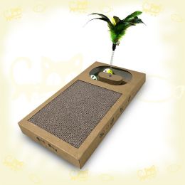 Resting Lounge Pad Cat Scratcher with Toy Ball Rolling in Hole Made of Eco Friendly Recyclable Cardboard Material - cardboard