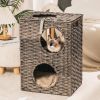 Rattan Cat Litter; Cat Bed with Rattan Ball and Cushion; Grey - Cat