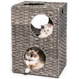 Rattan Cat Litter; Cat Bed with Rattan Ball and Cushion; Grey - Cat