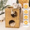 Rattan Cat Litter; Cat Bed with Rattan Ball and Cushion; Brown - Brown