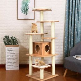 Wood Multi-Layer Platform Cat Tree with Scratch Resistant Rope - as show