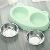 Pet Double Bowls, Stainless Steel Pet Food Bowl Water Bowl With No Spill Plastic Stand, Pet Feeding And Drinking Bowl For Indoor Cats And Dogs - Green
