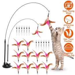 Cat Feather Toys Wand Rod Interactive Cat Spring Bell Play Toys - Pink And Brown