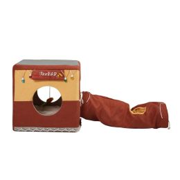 Collapsible Cat Tunnel Cubes, Hide Tunnel for Indoor Cats with Hanging Scratching Balls, Cushion Mat, Cube Frame, Light Brown XH