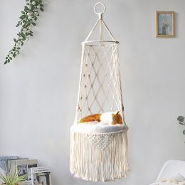 Bohemia Hand Woven Cat Swing Tapestry Bed Macrame Rope Pet Cat Hammock for Cat Perch Wall Hanging Basket Sleeping Mat Home Decor (Color: E)