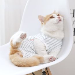 Cats' clothes all year round thin weaning, anti licking, anti biting and breathable nursing clothes (Color: Cotton blue and white strip nursing clothes, size: L-back length - 29cm)