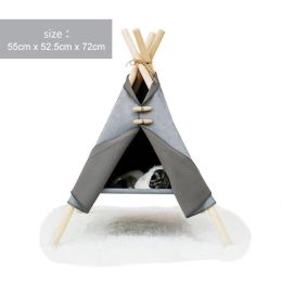 Pet Teepee Cat Bed House Portable Folding Tent with Thick Cushion Easy Assemble Fit Spring Summer for Dog Puppy Cat Indoor (Color: gray)