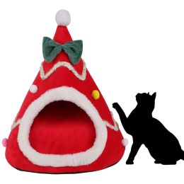 Christmas Pet House Tent Warm Cat Sleeping Bed Indoor for Kitten Puppy Cave Nest (Color: Red, size: L)
