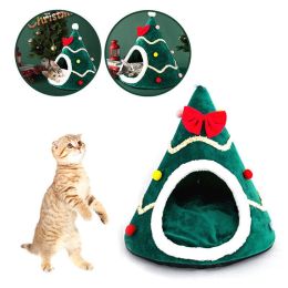 Christmas Pet House Tent Warm Cat Sleeping Bed Indoor for Kitten Puppy Cave Nest (Color: Green, size: L)